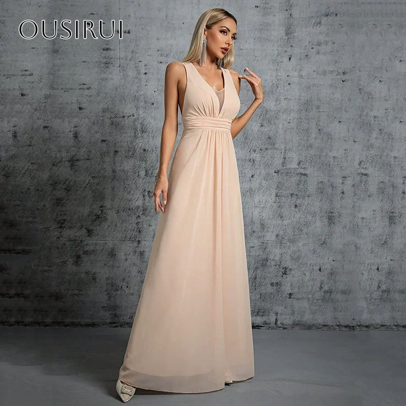 Chiffon V-neck A-line Prom Dresses Backless Sleeveless Floor Length Customized فساتين سهرة إيلي صعب