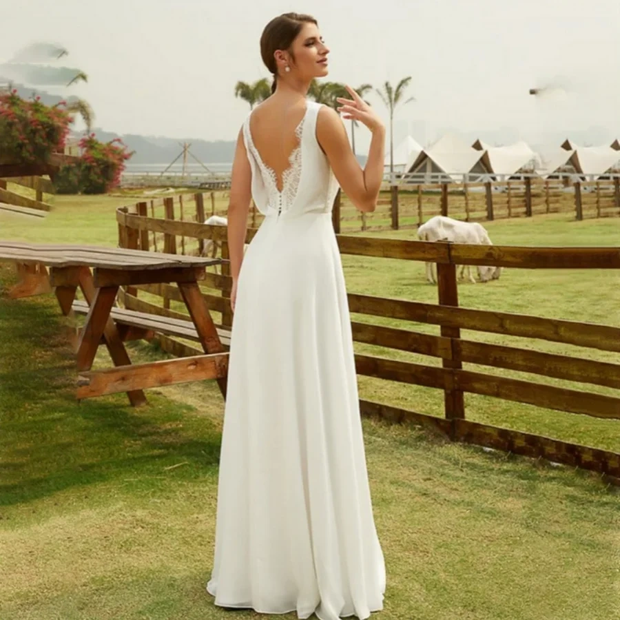 A Line Bride Dress Lace Backless Bridal Summer Chiffon Wedding Dress Simple Gown Tank Sleeves Sweep Train Vestidos De Novia