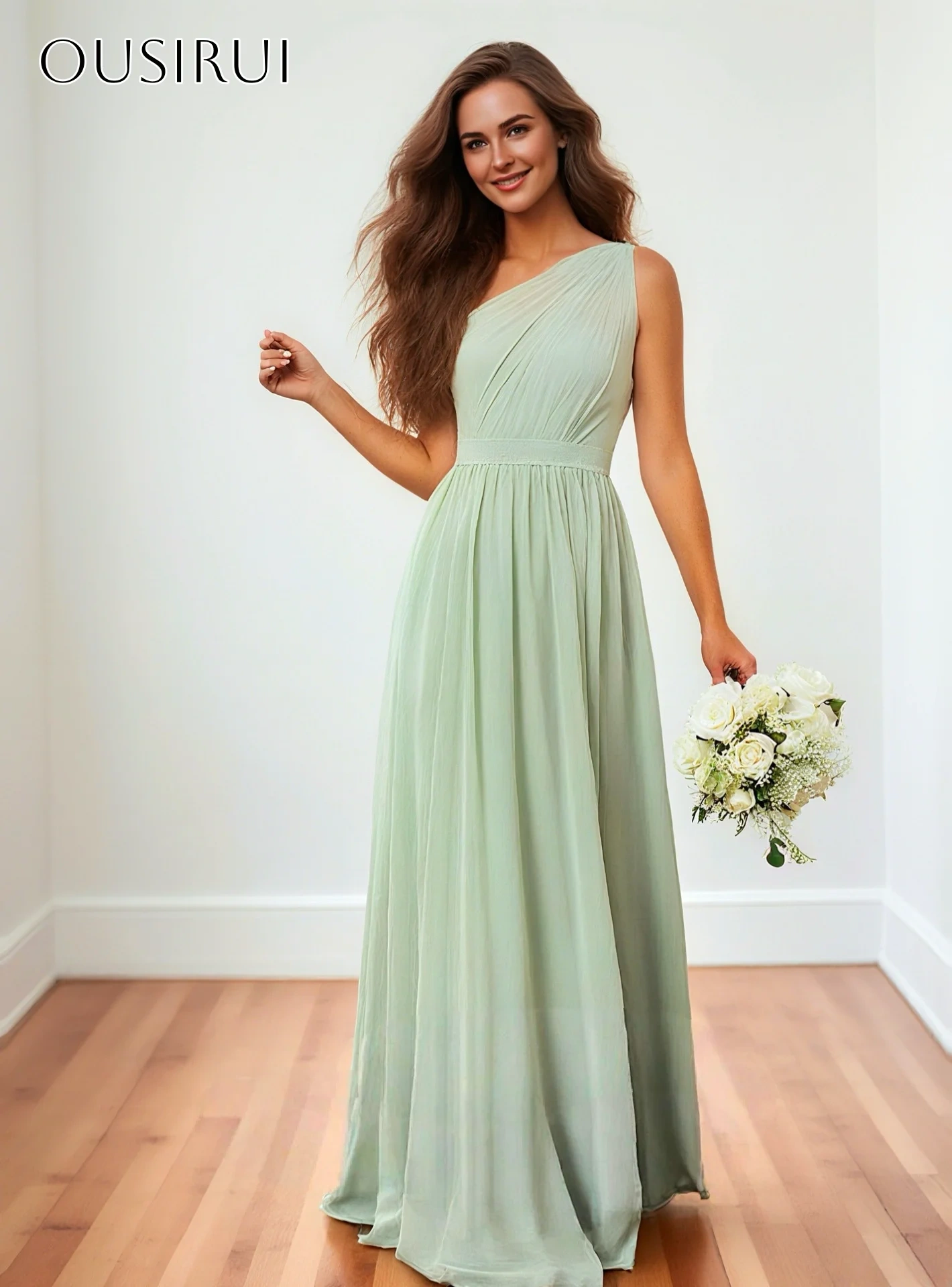 One Shoulder A-line Chiffon Prom Dresses Sleeveless Pleated Floor Length Customized فساتين حفلة موسيقية