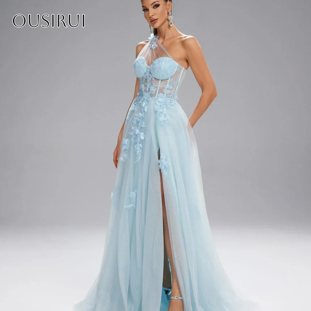 One Shoulder Lace Evening Dresses A-line Sleeveless Split Tulle Sweep Train Customized vestidos de fiesta