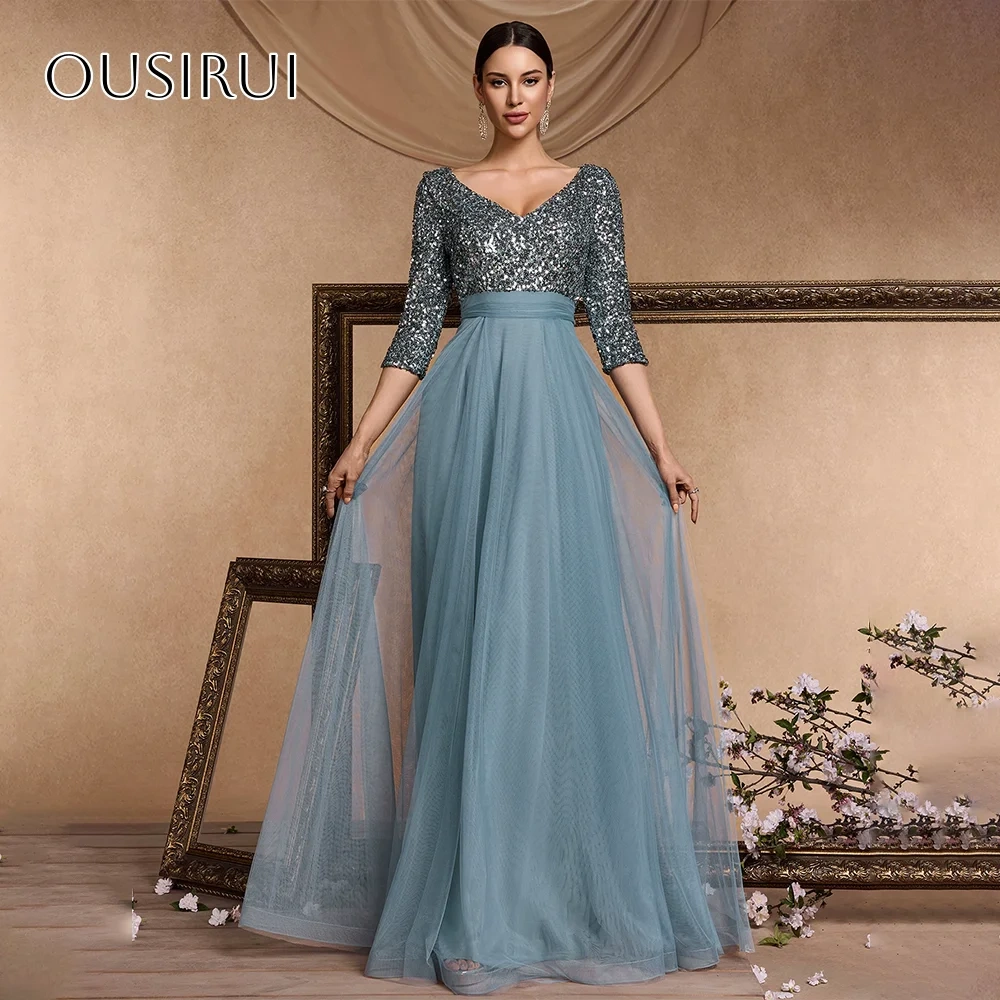 Sequined V-neck A-line Evening Dresses Half Sleeves Tulle Floor Length Customized платье на выпускной