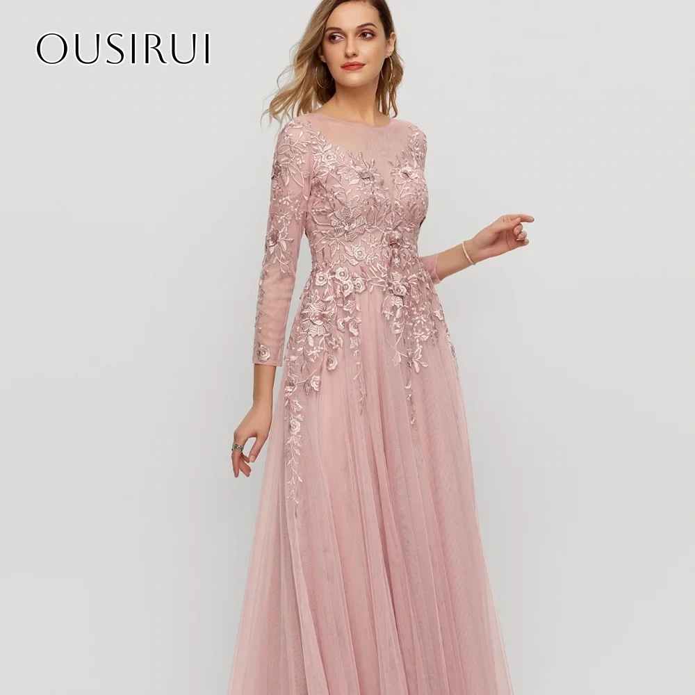 Appliques A-line Evening Dresses Pleated Long Sleeves Floor Length Customized Party Gowns  فساتين السهرة