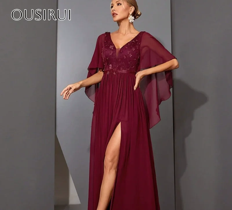 V-neck Chiffon Flowers Evening Dress Slit Pleated A-line Floor Length Wrap Short Sleeves Party Gowns  فساتين السهرة