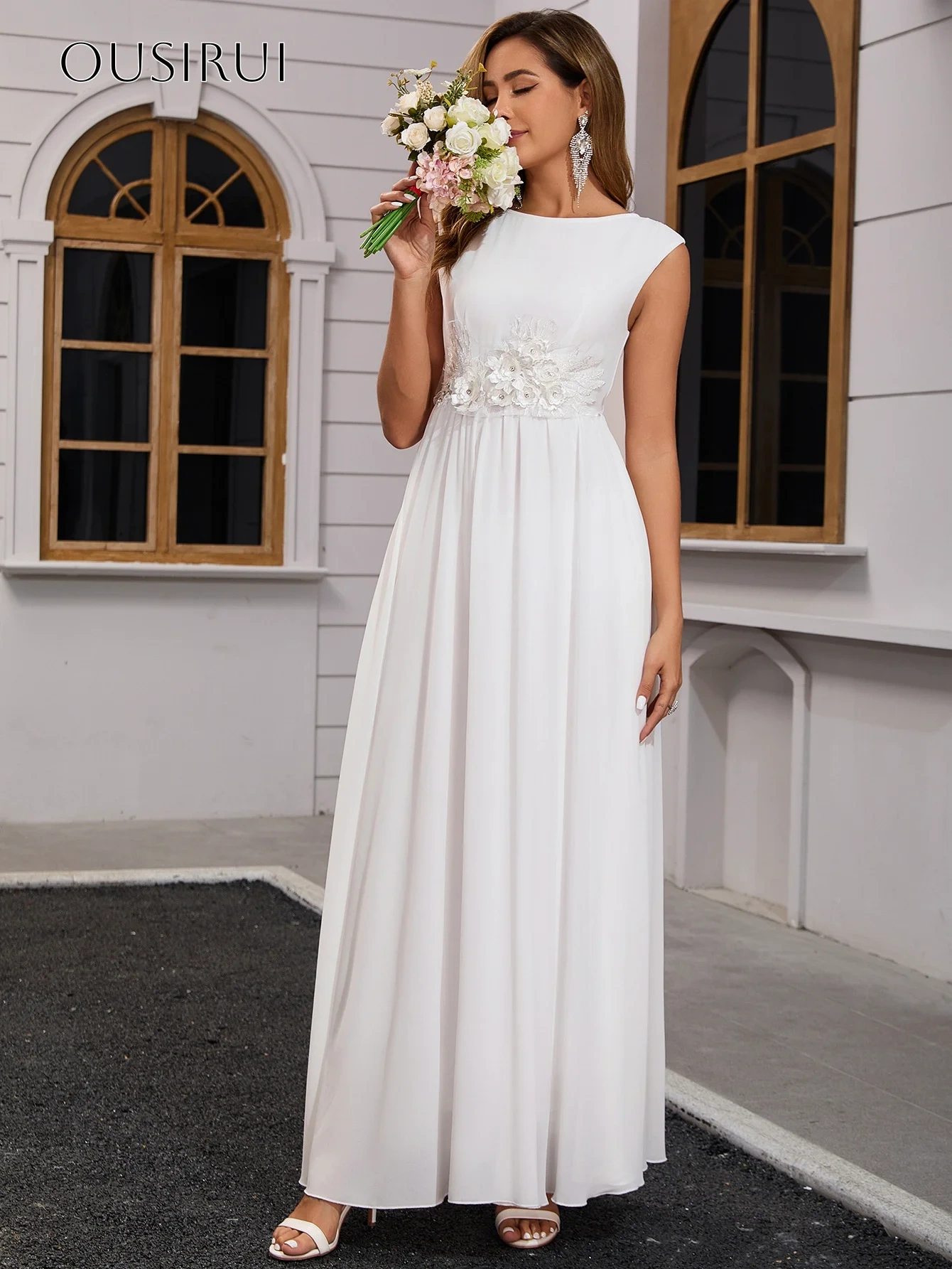 Flowers Bridal Wedding Dresses A Line Sleeveless Chiffon Ankle Length Pleated Customized Vestidos De Novia