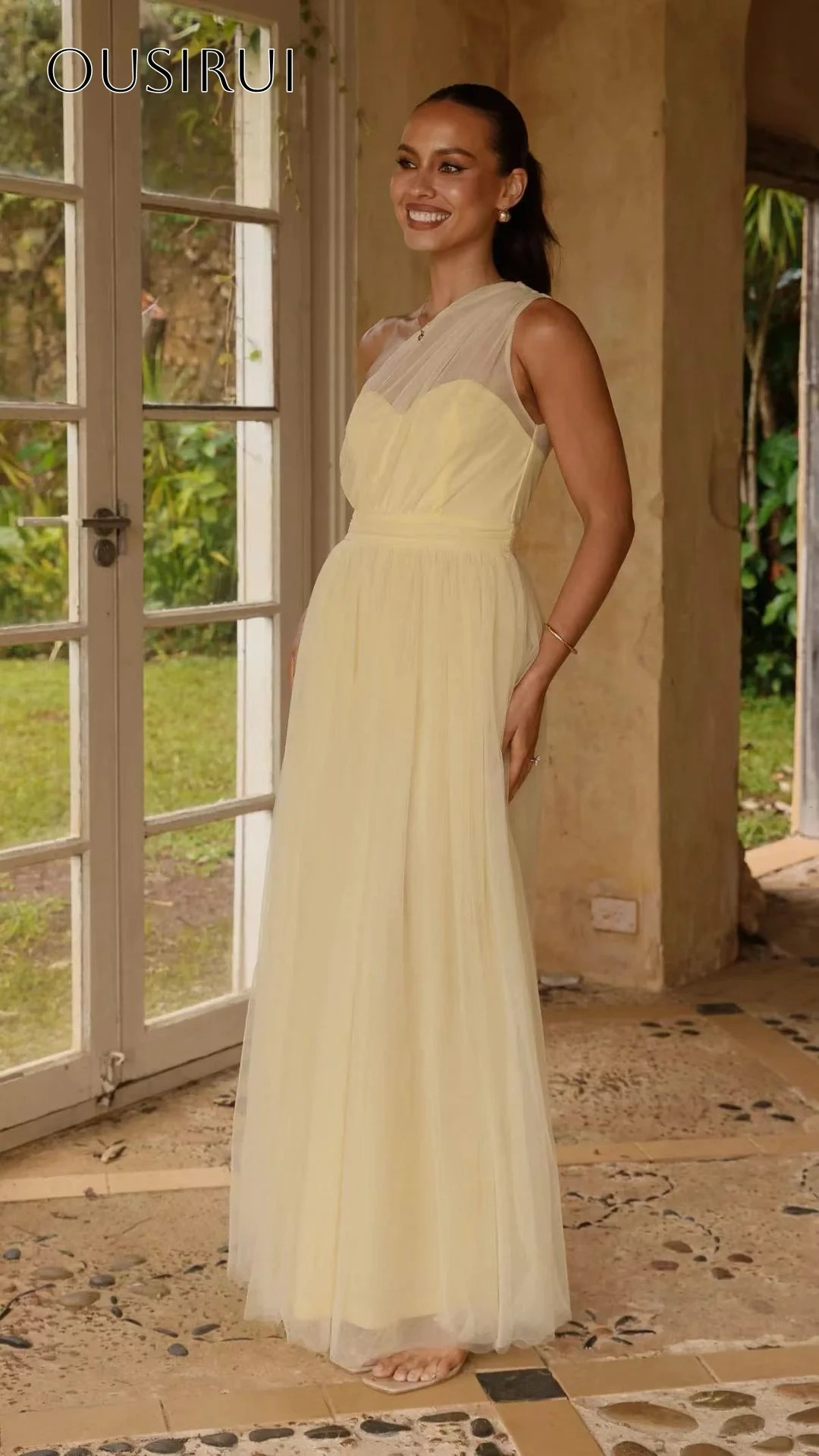 One Shoulder A-line Evening Gown Tulle Ankle Length Sleeveless Pleated Customized вечерние платья