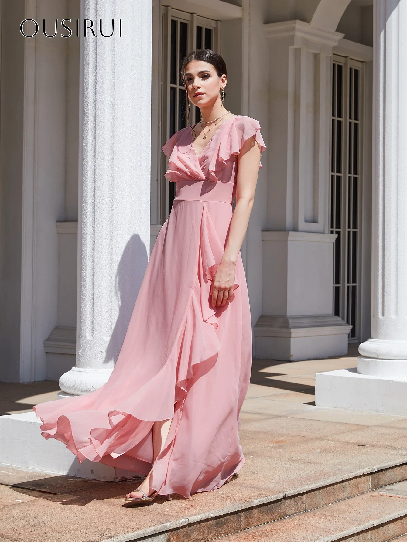 Ruffled V-neck Chiffon Evening Dresses A-line Sleeveless Floor Length Split Customized شارون سعيد فساتين سهره