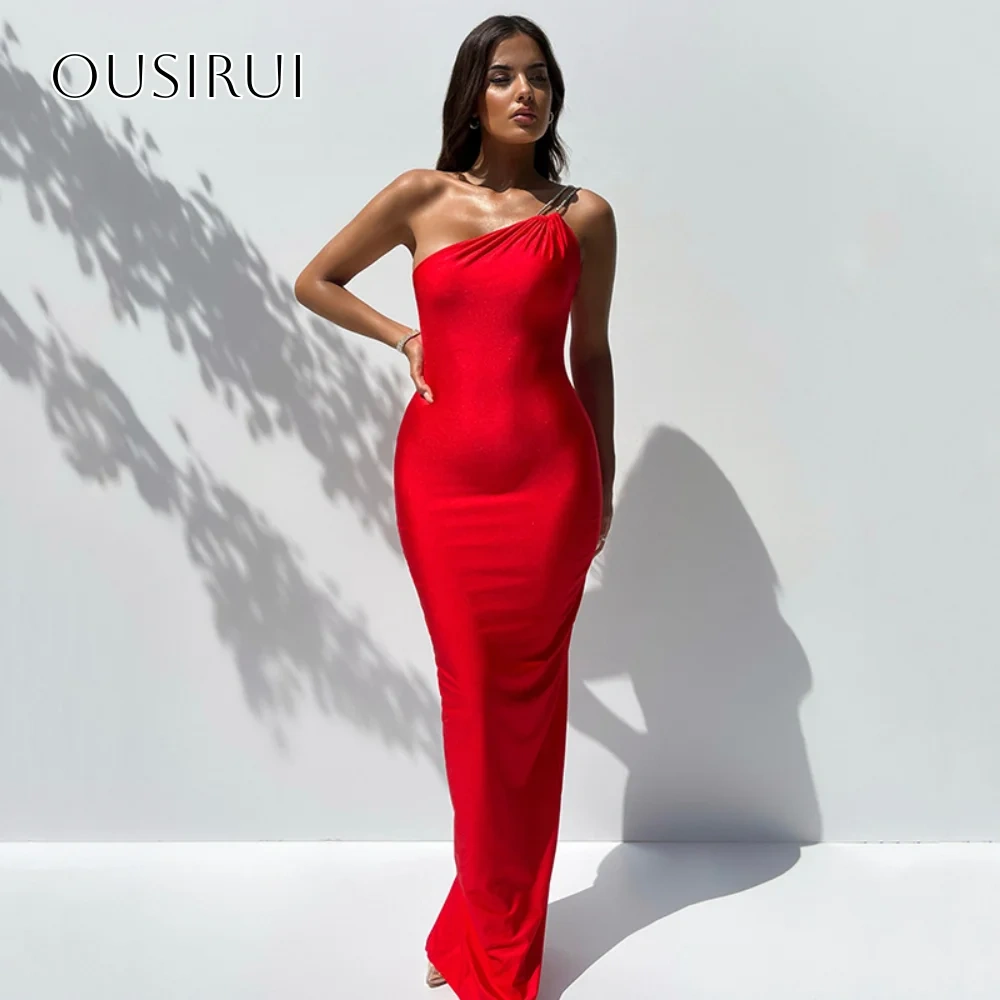 Beaded One Shoulder Satin Sheath Prom Dresses Sleeveless Ruffled Floor Length Customized платье на выпускной