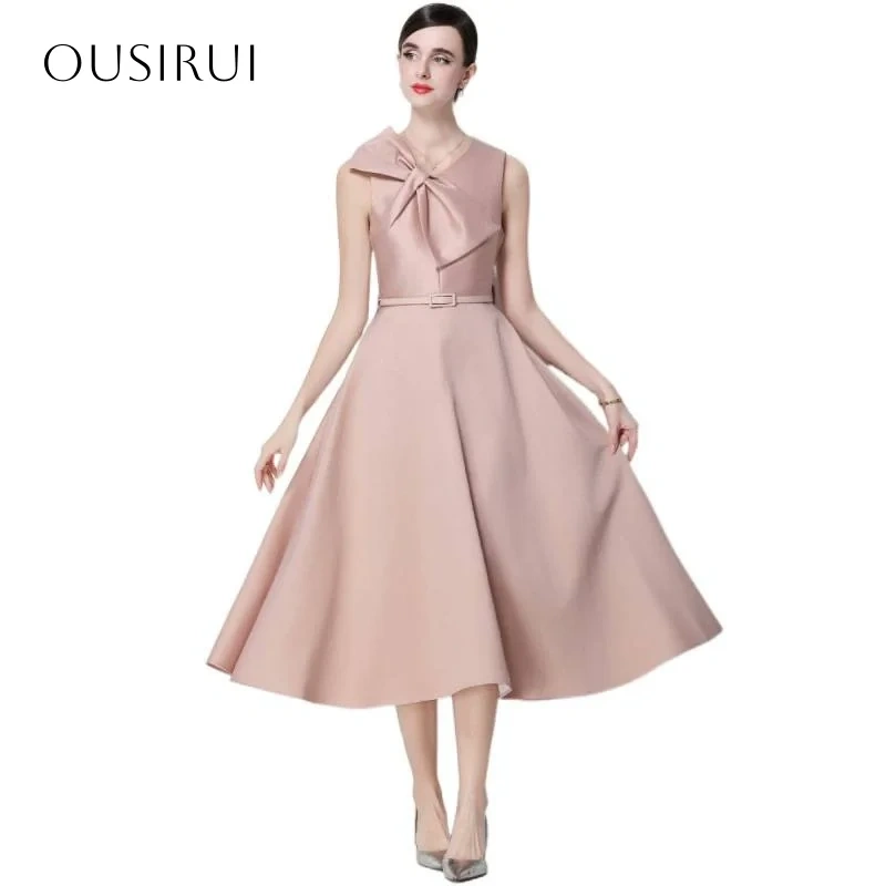 Bow Satin V-neck Homecoming Dresses Tea Length Sash A-line Sleeveless Customized سيرين هيل فساتين سهره