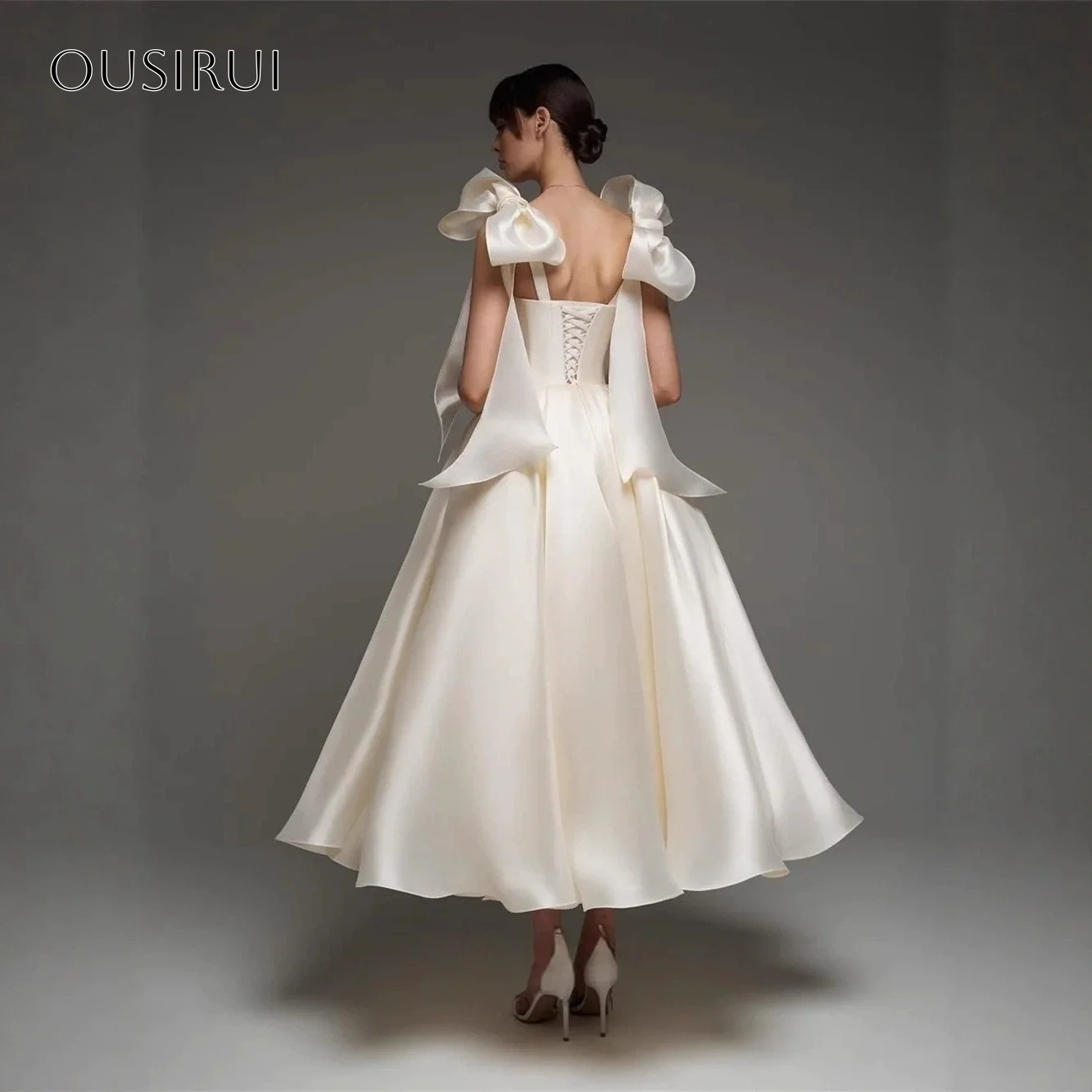 Bow Straps Wedding Dresses A-line Tea Length Corset Back Pleated Bridal Dress Vestido De Novia Customized