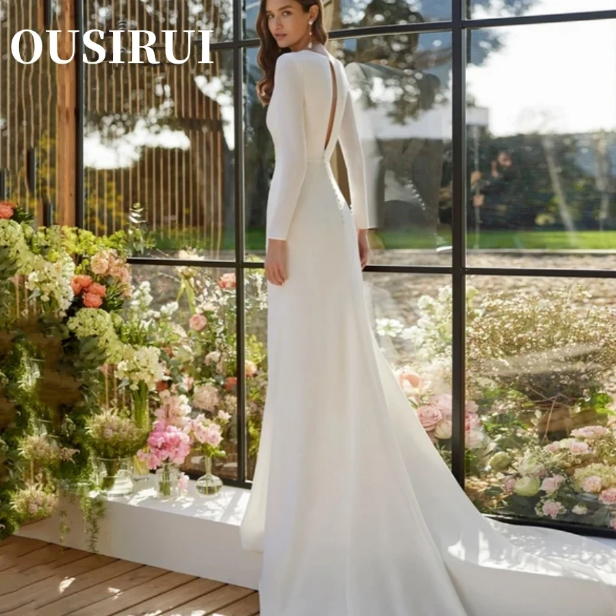 Sexy V-Neck Pleated Bridal Gowns Elegant High Slit Classic Long Sleeves Wedding Dress Cut Out Back vestidos de noiva