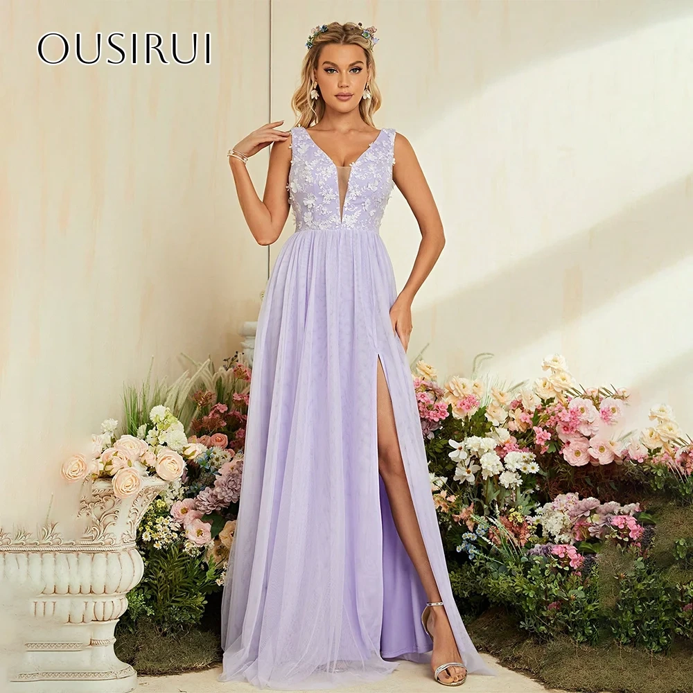 V-neck Appliques Evening Dresses Split Sleeveless Pleated Floor Length Customized Party Gowns  فساتين السهرة