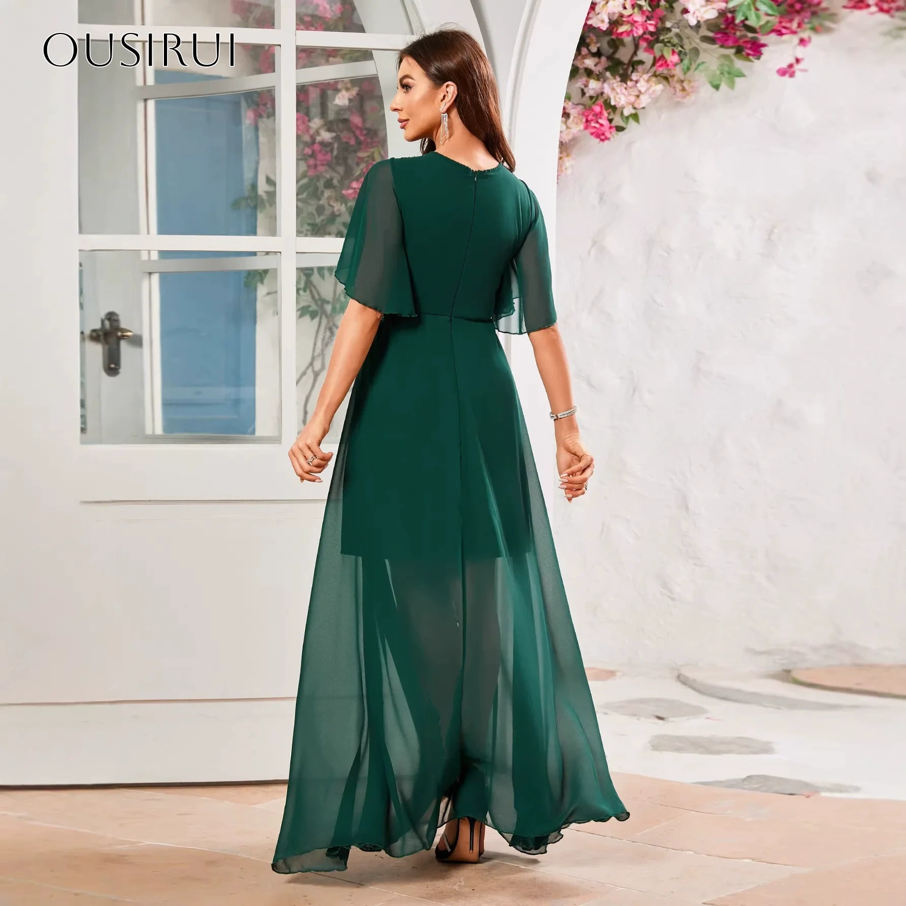 A Line Chiffon High-low Evening Gowns Short Sleeves Lace Pleated Prom Dresses Customized vestidos de fiesta