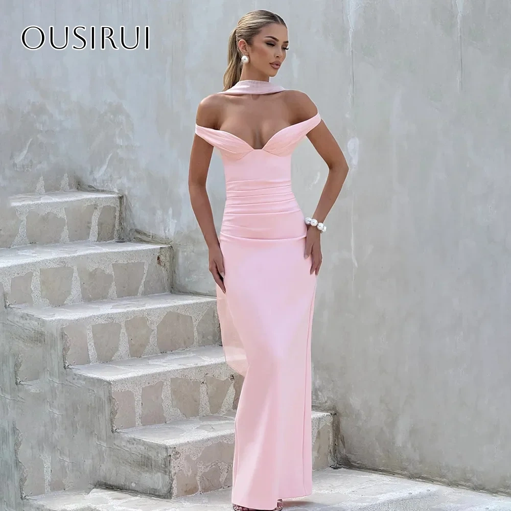 Sheath Satin Off Shoulder Prom Dresses Ankle Length Sleeveless Back Split Customized платье на выпускной