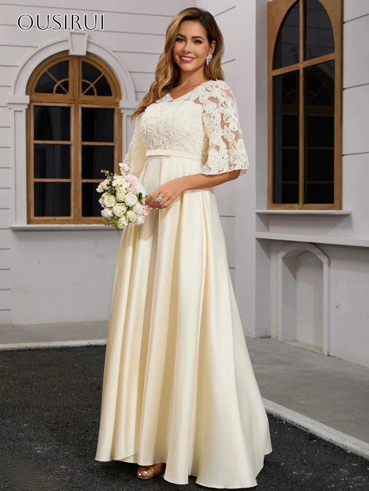 V-neck Satin A-line Evening Dresses Puffy Lace Half Sleeves Pleated Ankle Length Party Gowns  فساتين السهرة
