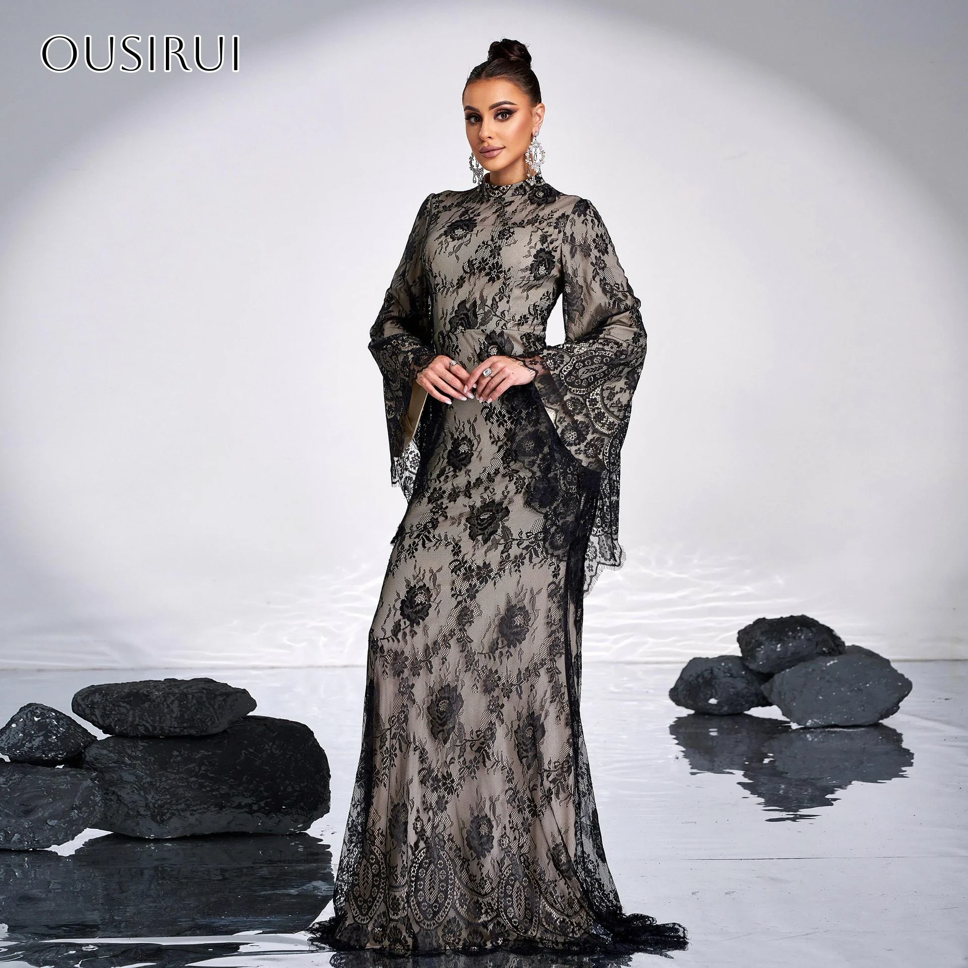 Sheath Lace O-neck Evening Dresses Puffy Long Sleeves Pleated Sweep Train Party Gowns  فساتين السهرة