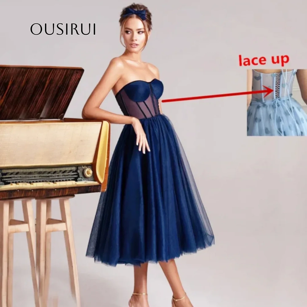 Sweetheart Sheer Boning Tea length Formal Party Gowns Green Dusty Pink Lavender Navy Blue A Line Tulle Short Prom Dresses