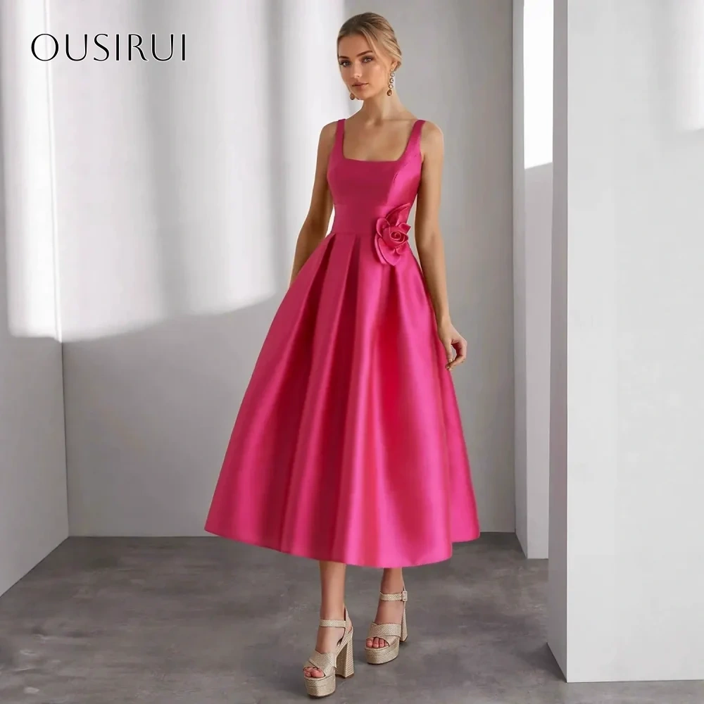 Square Satin Homecoming Dresses Flower Tea Length A-line Sleeveless Customized Dress سيرين هيل فساتين سهره