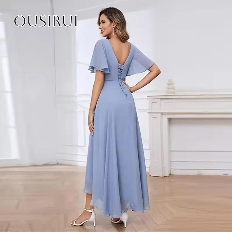 Lace Applique V-Neck Chiffon Homecoming Dress A-line High-low Short Sleeves Party Dresses Corset Customized vestidos de festa