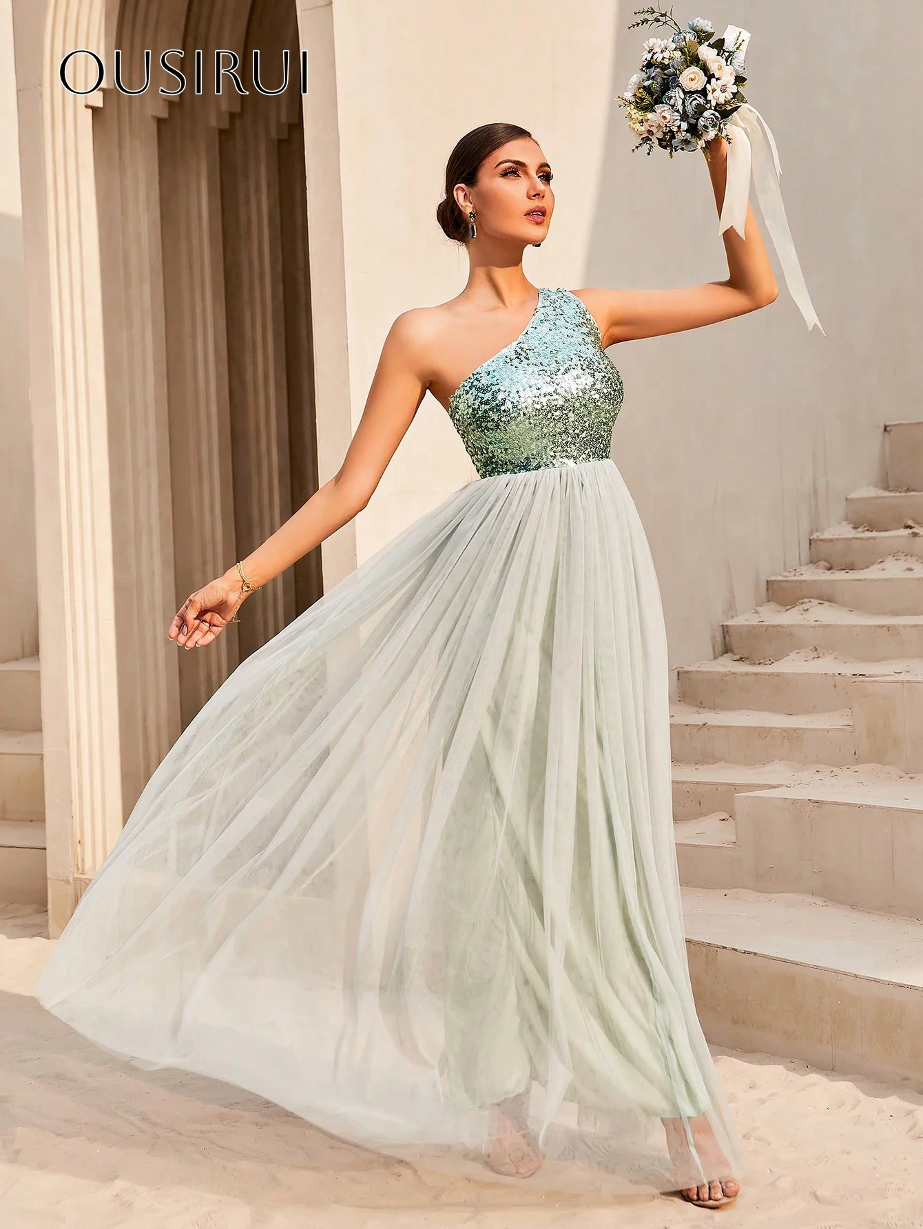 Sequined One Shoulder A-line Evening Gowns Tulle Sleeveless Customized вечерние платья Robes De Soirée