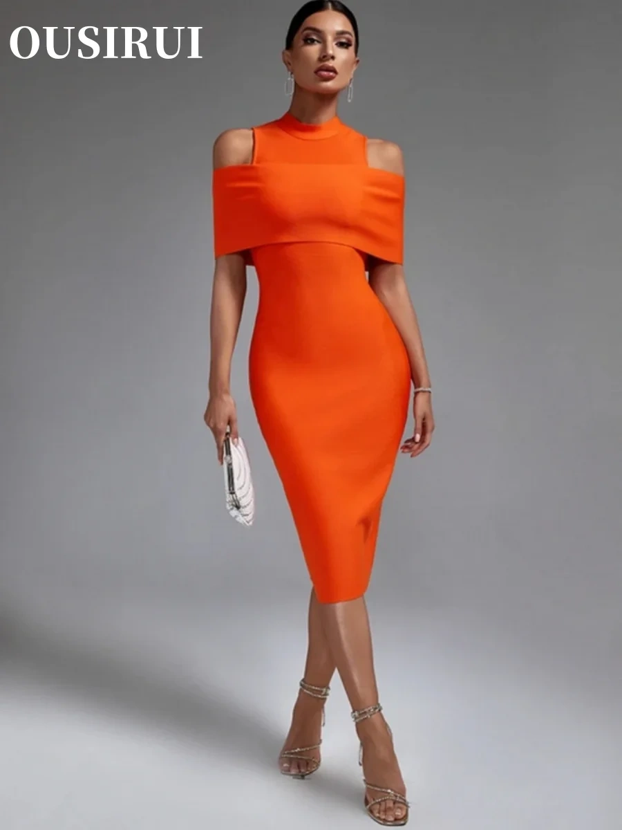 Party Dress Bodycon Elegant Sexy Midi Birthday Evening Club Outfits Summer New Orange Bandage Dress Women Off Shoulder