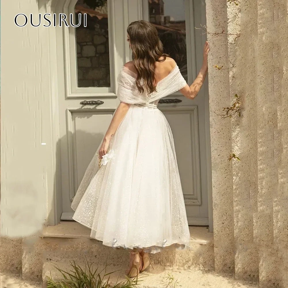 Shiny Tulle Bridal Wedding Dresses Off Shoulder A Line Sash Tea Length Corset Back Customized Vestidos De Novia