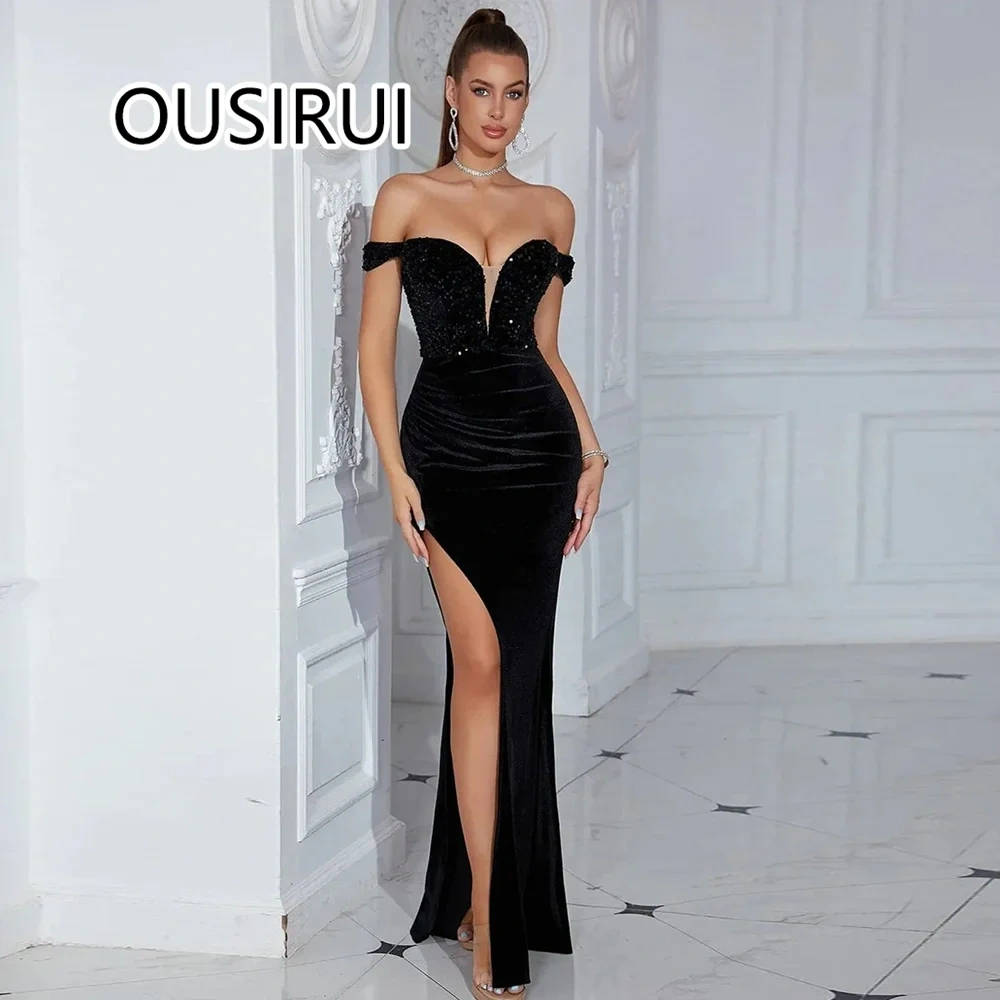 OUSIRUI vestidos de Bridal Off-Shoulder Velet Prom Dress Sexy Mermaid Backless Side High Split Court Evening Gown with Sequins