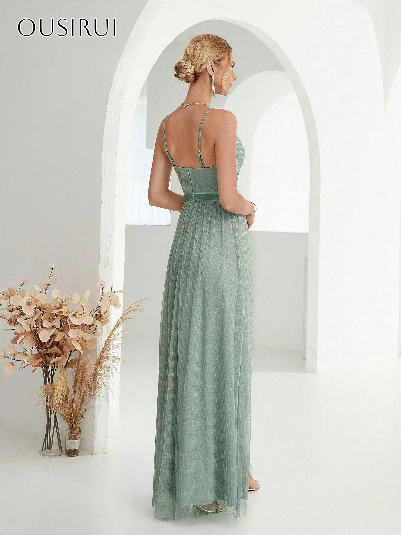 Sequined Spaghetti Straps Split A-line Homecoming Gown Sleeveless Ankle Length Party Dress Customized شارون سعيد