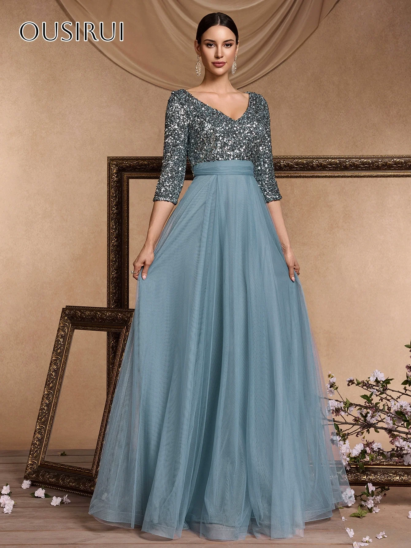 Sequined V-neck A-line Evening Dresses Half Sleeves Tulle Floor Length Customized платье на выпускной