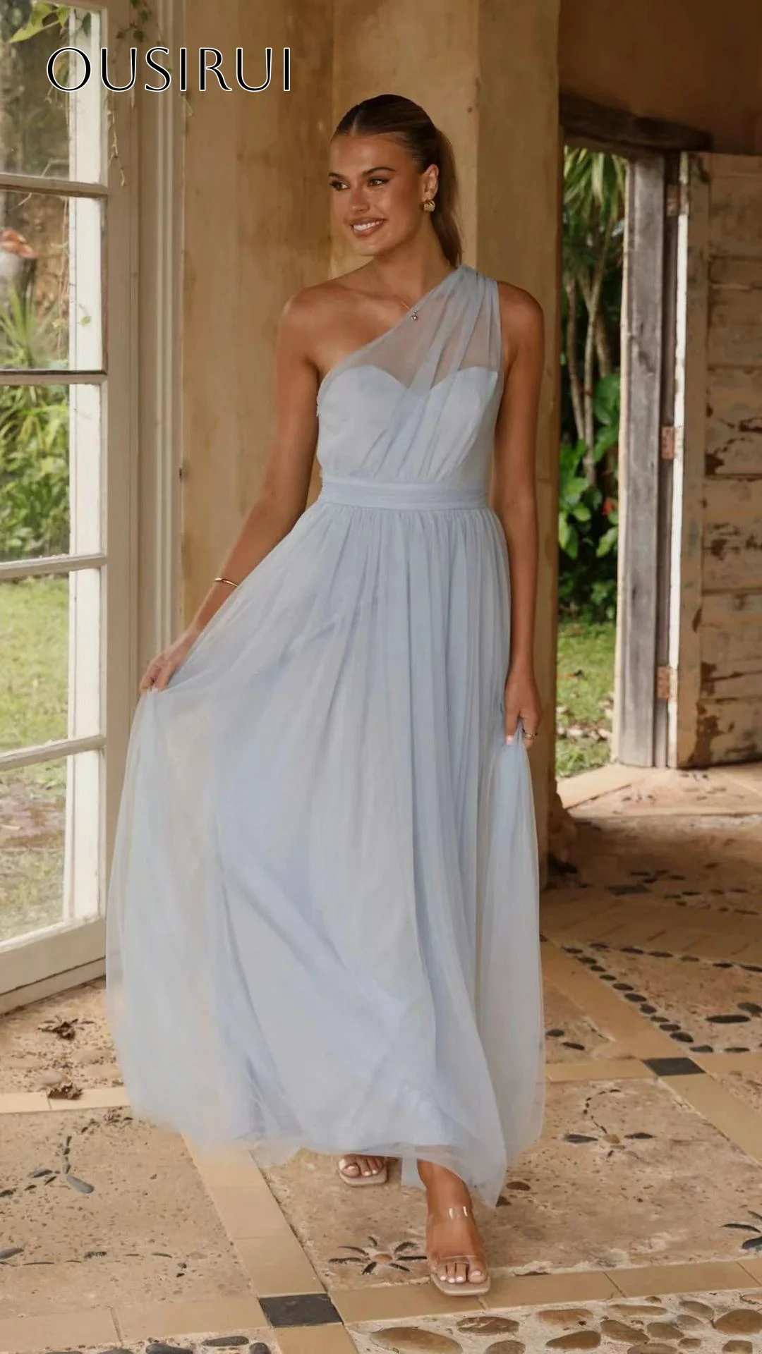 One Shoulder A-line Evening Gown Tulle Ankle Length Sleeveless Pleated Customized вечерние платья