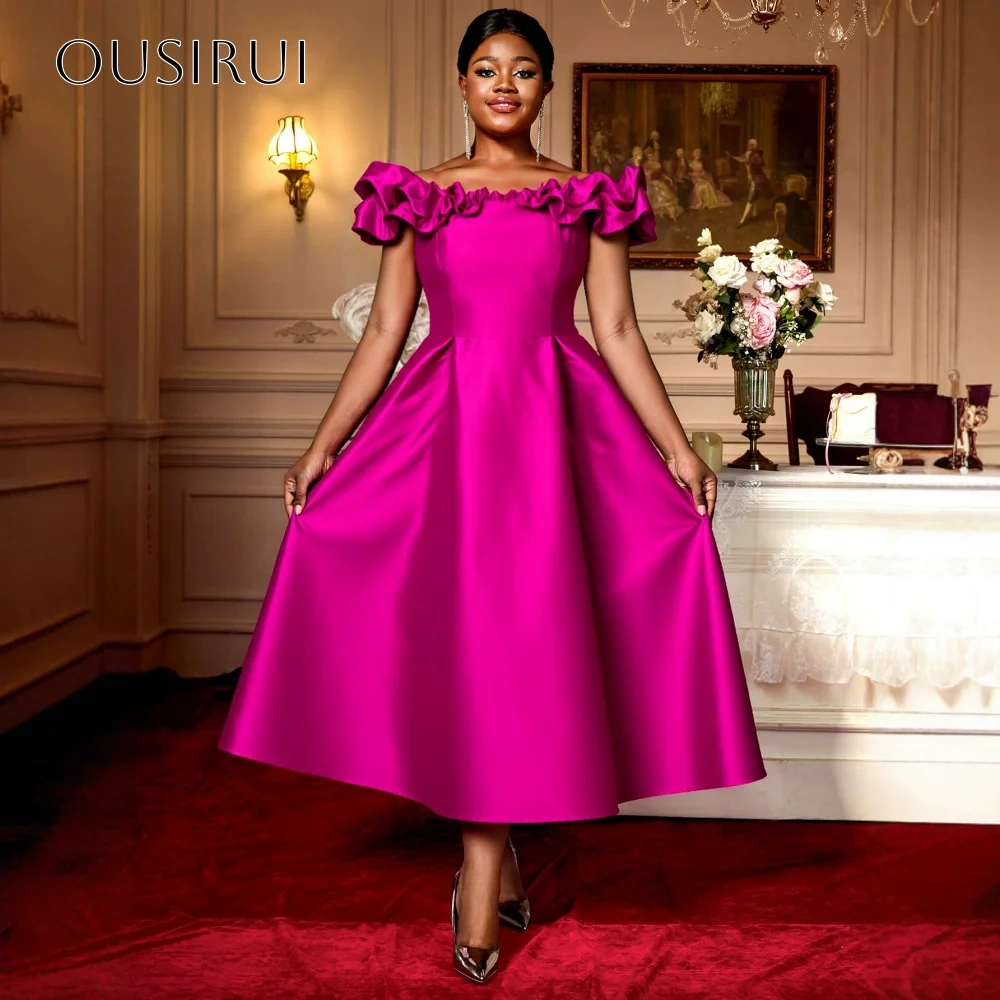 Ruffled Off Shoulder Satin Homecoming Dress Tea Length A-line Sleeveless Customized سيرين هيل فساتين سهره