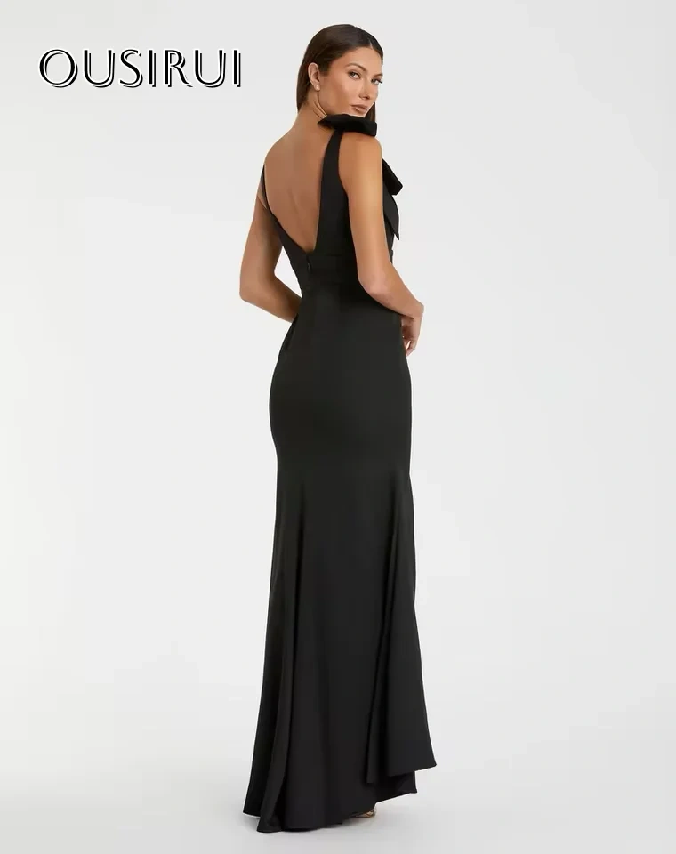Black Mermaid Satin Evening Dresses Deep V-Neck Bow Backless Prom Dress Customized Floor Length Party Dress платье на выпускной