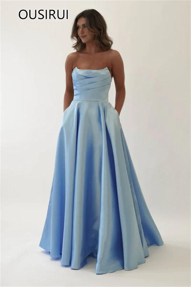OUSIRUI Strapless Satin Pleated Evening Party Dress Side Slit A-line Backless Long Evening Gown with Pockets robe de mariée