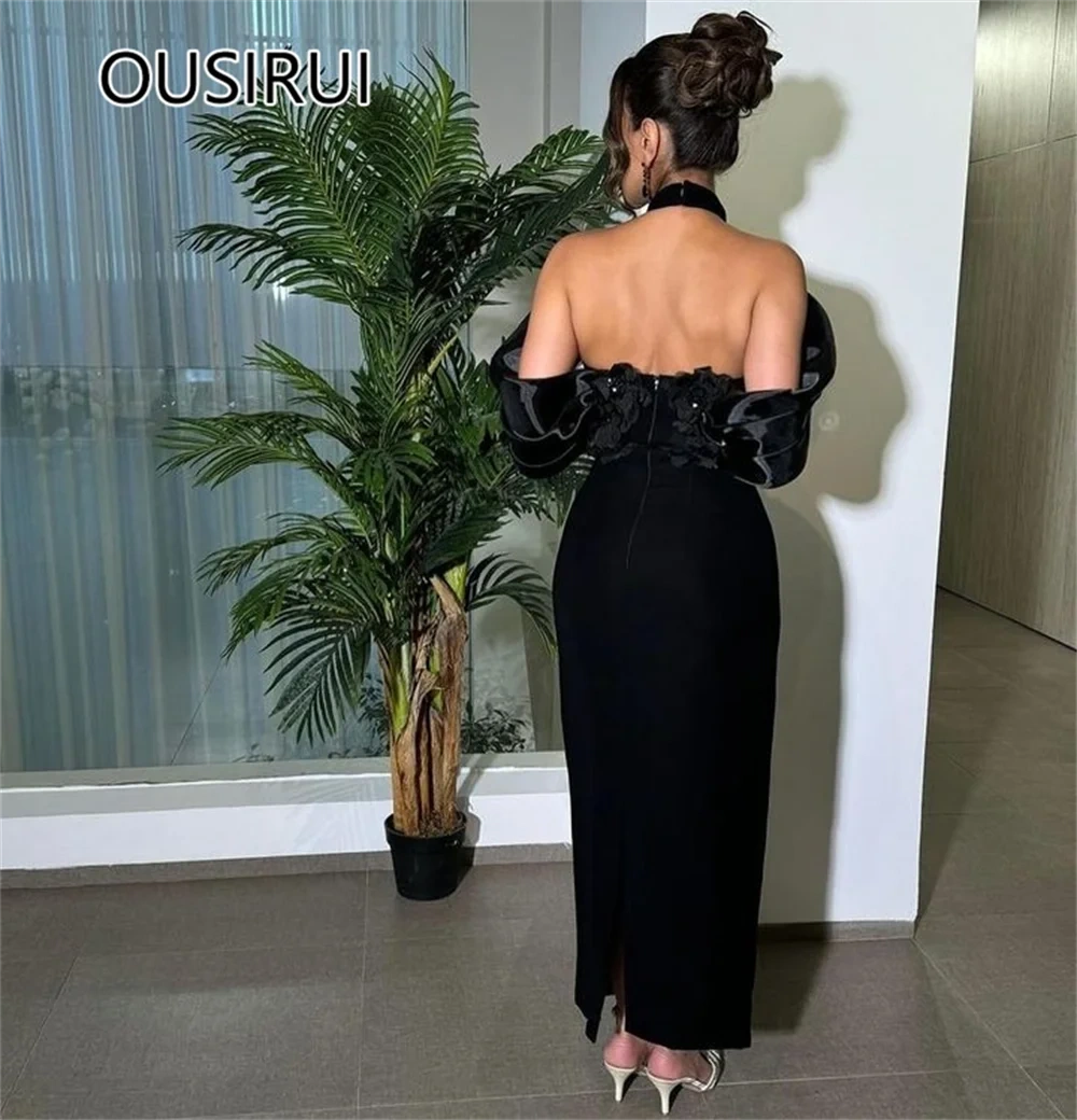 OUSIRUI High Neck Satin Solid Formal Evening Dress Sheath Backless Ankle-Length Long Evening Bridesmaid Dress robe de mariée