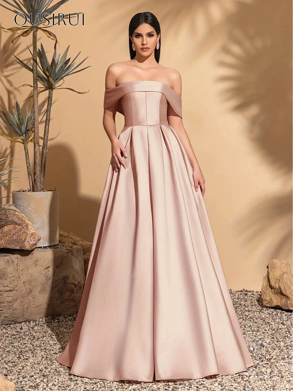 Off Shoulder A-line Satin Evening Dress Sleeveless Pleated Corset Floor Length Customized فساتين حفلة موسيقية