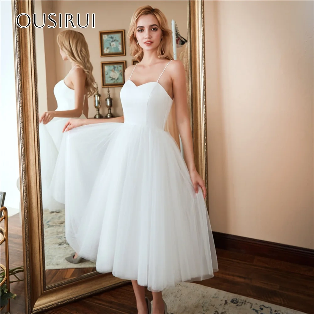 Spaghetti Straps Tulle A-line Homecoming Gown Sleeveless Tea Length Corset Back Customized платье на выпуск