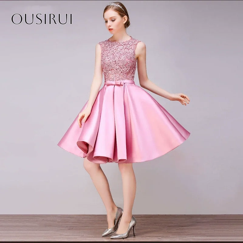 Lace Satin A-line Short Cocktail Dress Bow Knee Length Sleeveless Party Gown Customized vestidos de fiesta elegantes
