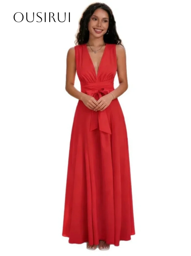 Chiffon V-neck A Line Evening Gown Sleeveless Criss-cross Sash Ankle Length Prom Dresses Customized vestidos de fiesta