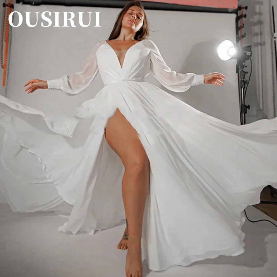 Split Side Long Sleeve Illusion Bride Gowns Puff Sleeve A-line Deep V-neck Wedding Dresses Floor-length Vestidos De Novia