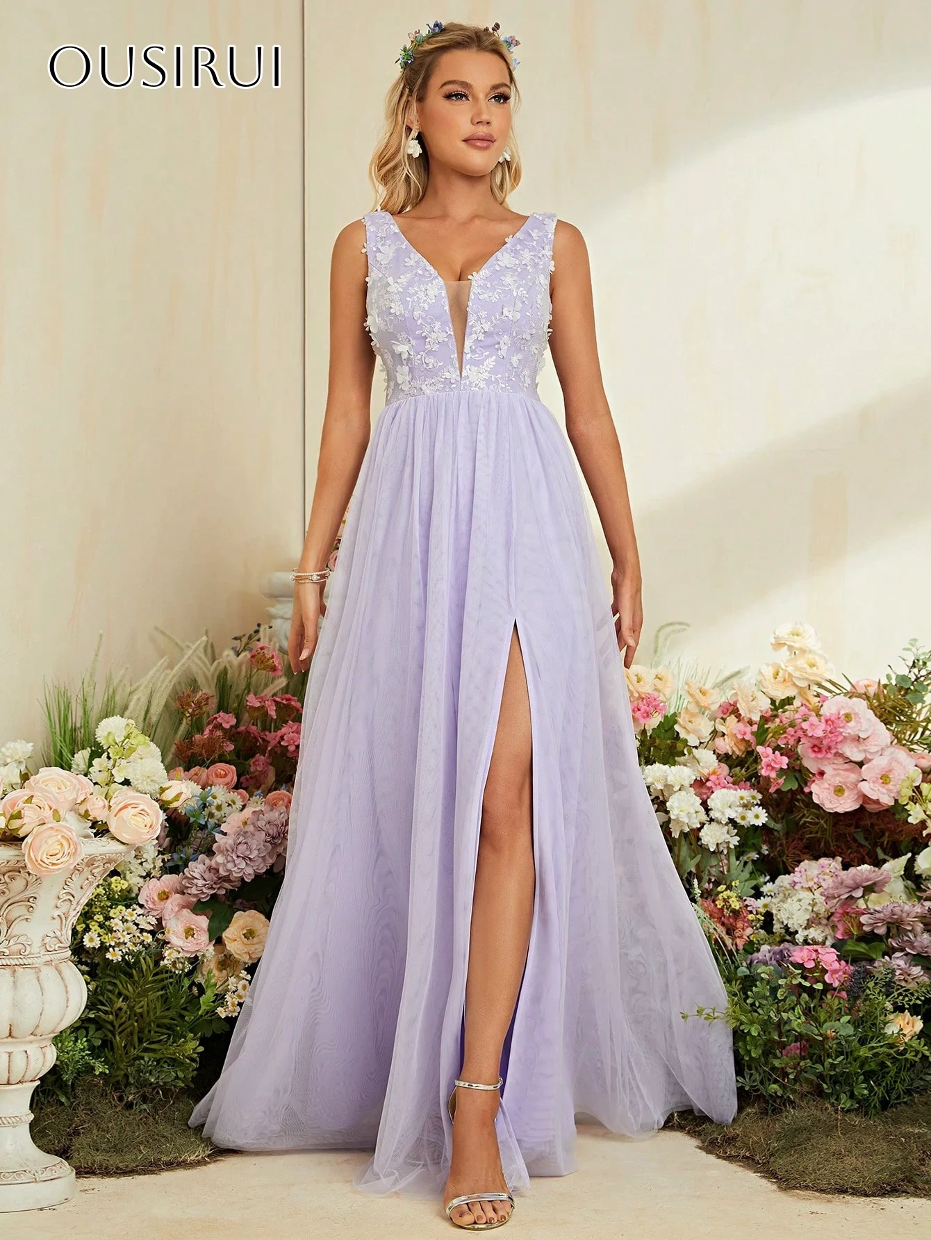V-neck Appliques Evening Dresses Split Sleeveless Pleated Floor Length Customized Party Gowns  فساتين السهرة
