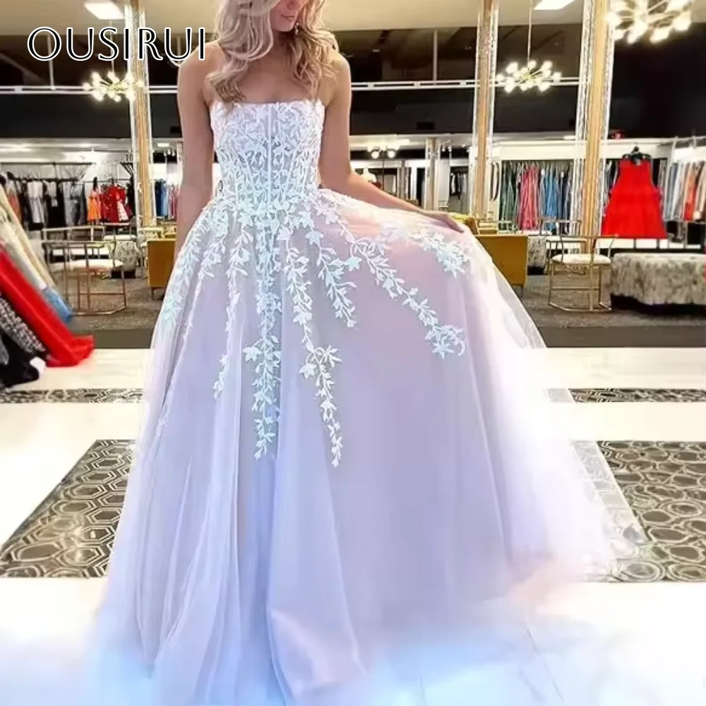 Strapless Appliques A-line Evening Dresses Sleeveless Sweep Train Customized Party Gowns  فساتين السهرة