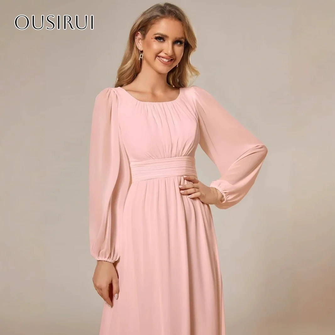 Chiffon A-line Evening Dresses Pleated Long Sleeves Floor Length Customized Party Gowns  فساتين السهرة