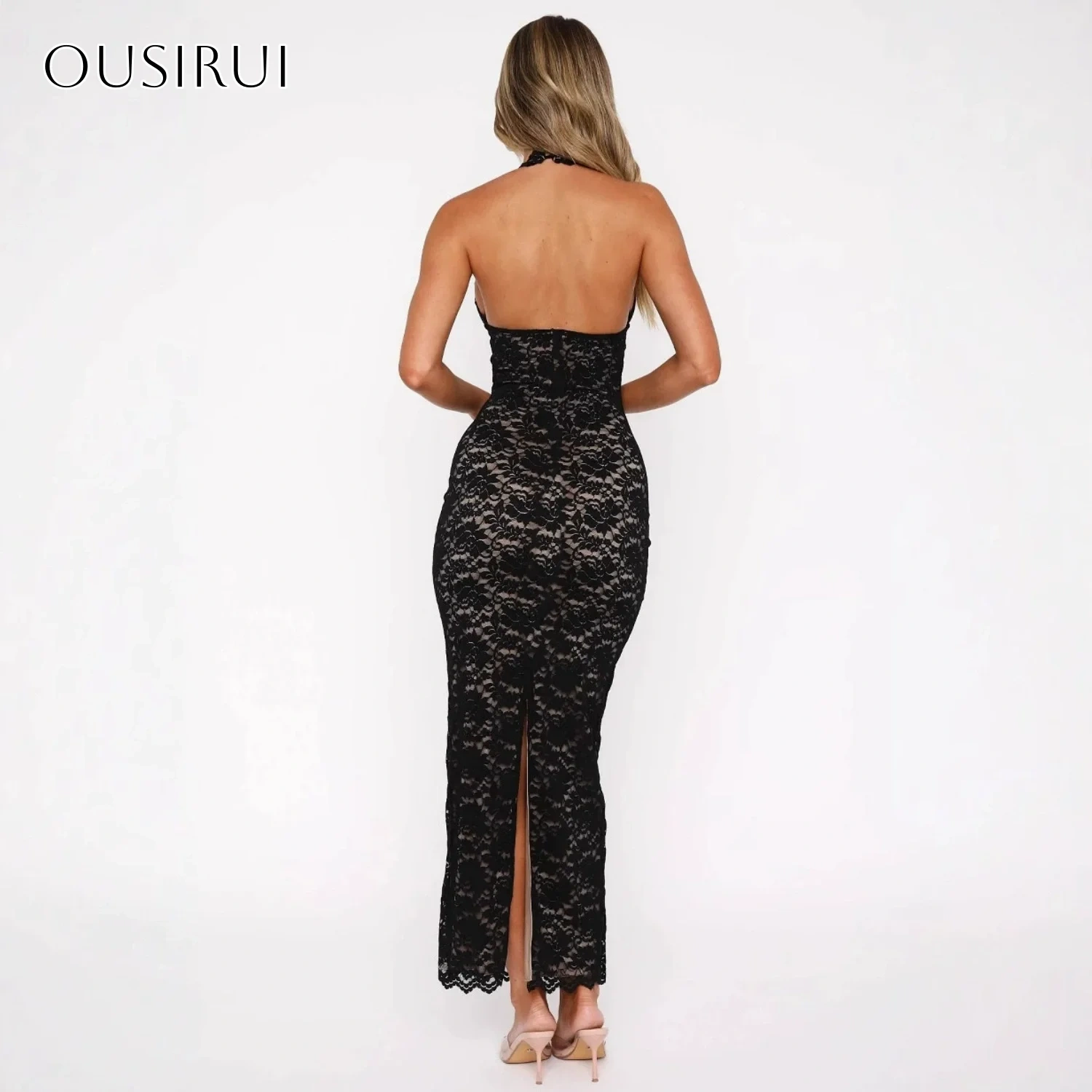 Lace Sheath V-neck Halter Short Prom Dresses Back Split Ankle Length Sleeveless Customized платье на выпускной