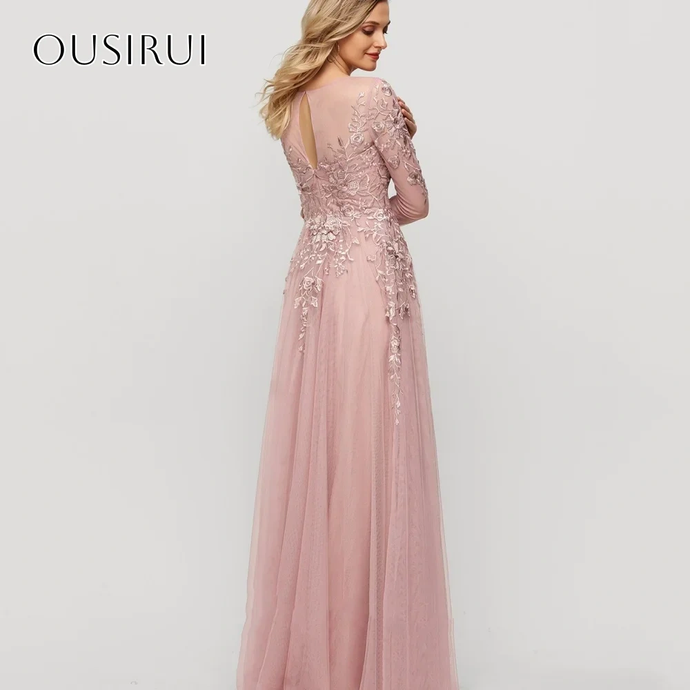 Appliques A-line Evening Dresses Pleated Long Sleeves Floor Length Customized Party Gowns  فساتين السهرة