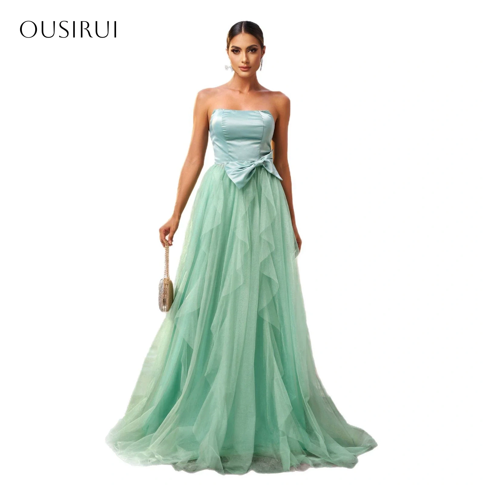 Strapless Bow A-line Evening Dresses Tulle Floor Length Sleeveless Customized Party Gowns  فساتين ال