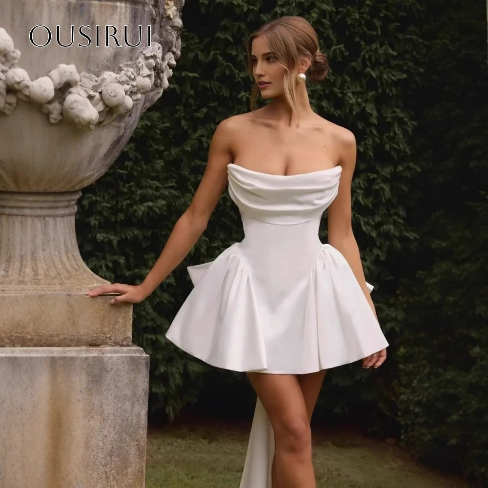 Bow Strapless A-line Short Satin Cocktail Dress Sleeveless Party Gown Customized vestidos de fiesta elegantes