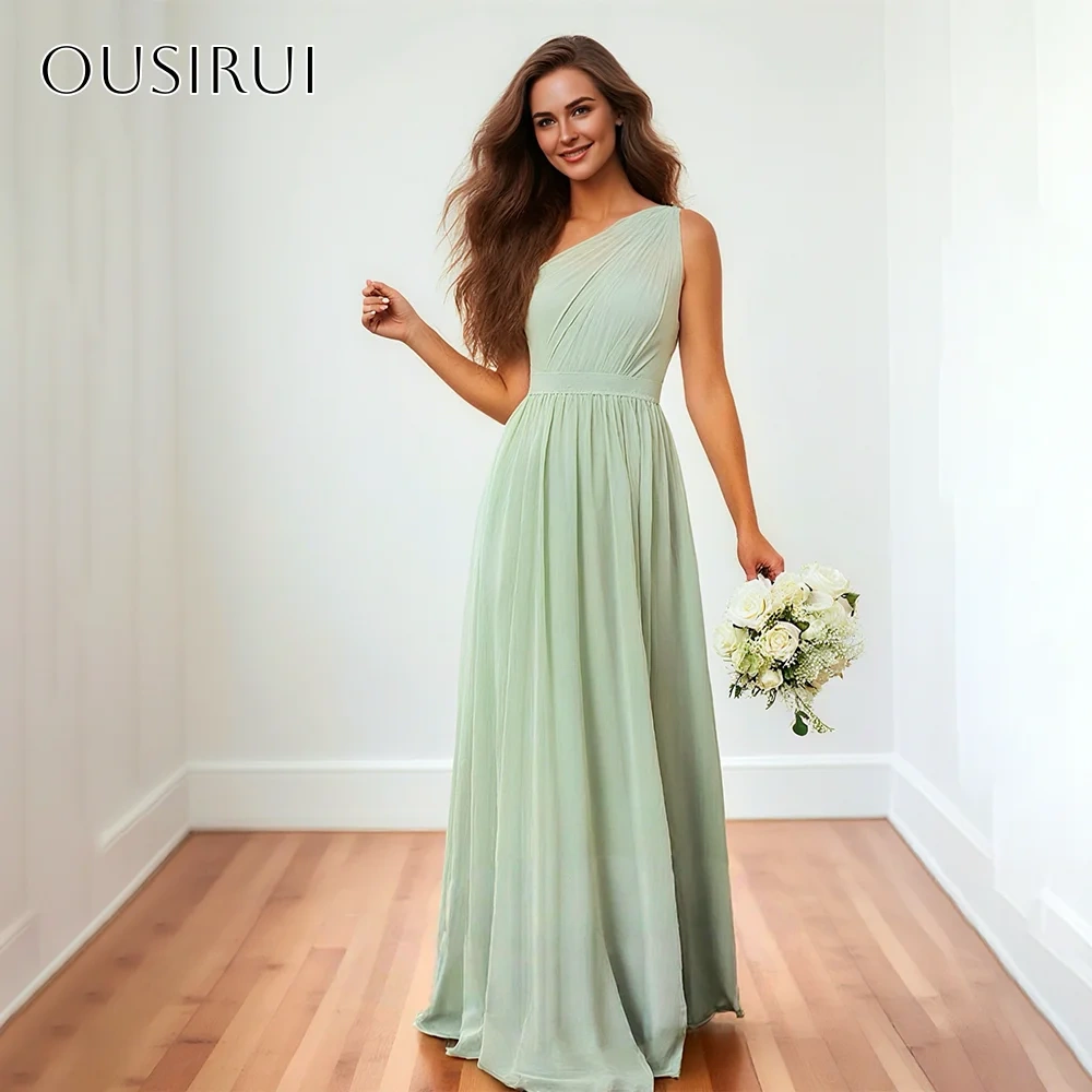 One Shoulder A-line Chiffon Prom Dresses Sleeveless Pleated Floor Length Customized فساتين حفلة موسيقية