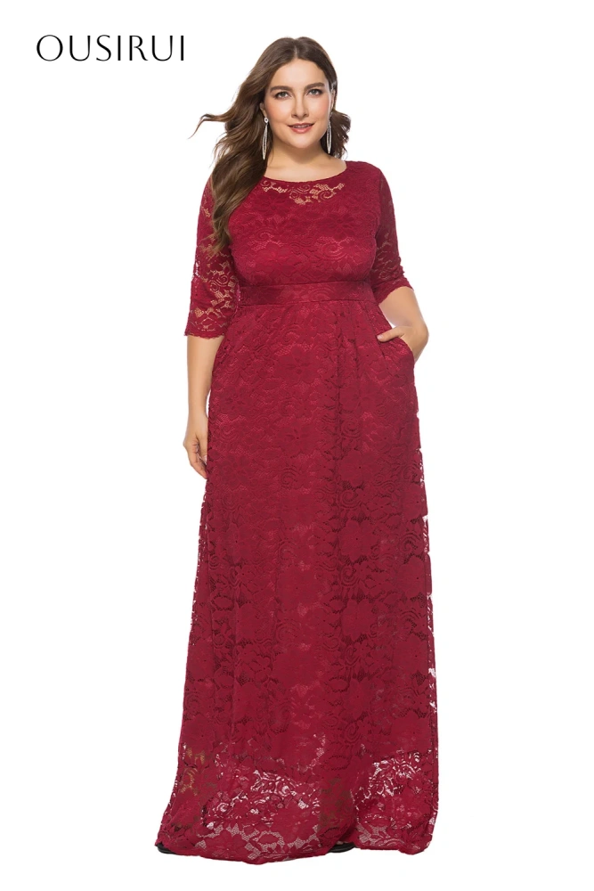 Lace O-neck Evening Dresses Half Sleeves Pleated Floor Length Pockets Party Gowns  فساتين السهرة