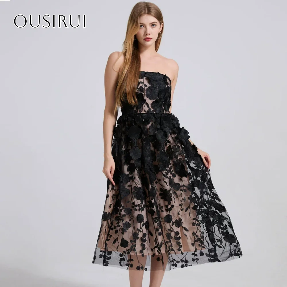 Strapless Black Short Appliques A-line Homecoming Gown Tea Length Sleeveless Ruched Customized платье на выпуск