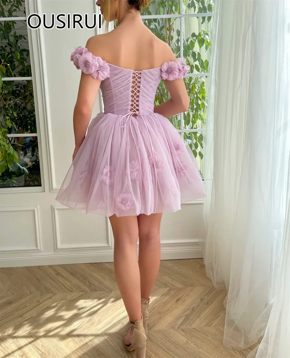 OUSIRUI Elegant Off-Shoulder Tulle 3D Floral Lace Short Mini Prom Party Dress Lace up Princess Prom Gown robe de mariée