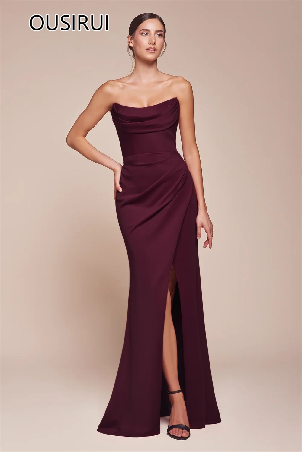 OUSIRUI Strapless Satin Pleated Women Evening Party Dress Sheath Side High Slit Backless Court Evening Prom Gown  robe de mariée
